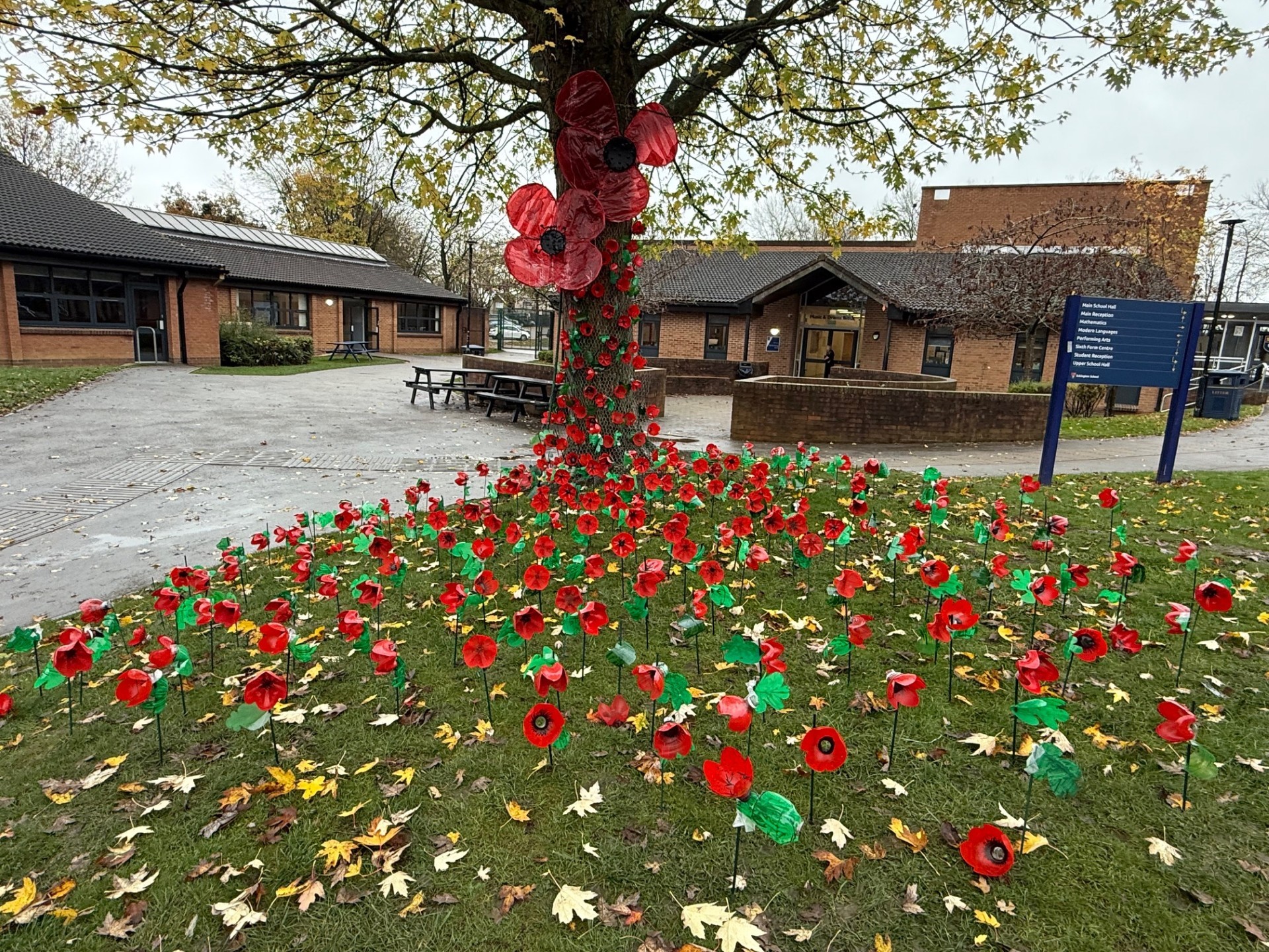 Remembrance display in Eckington School courtyard