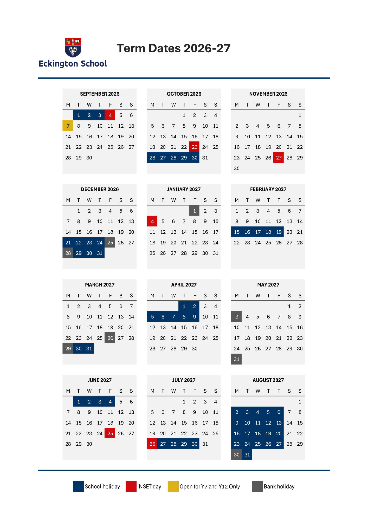 Term Dates Calendar for 2026-27