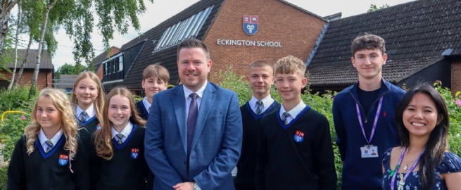 Headteacher Richard Cronin and students celebrating the latest Ofsted report